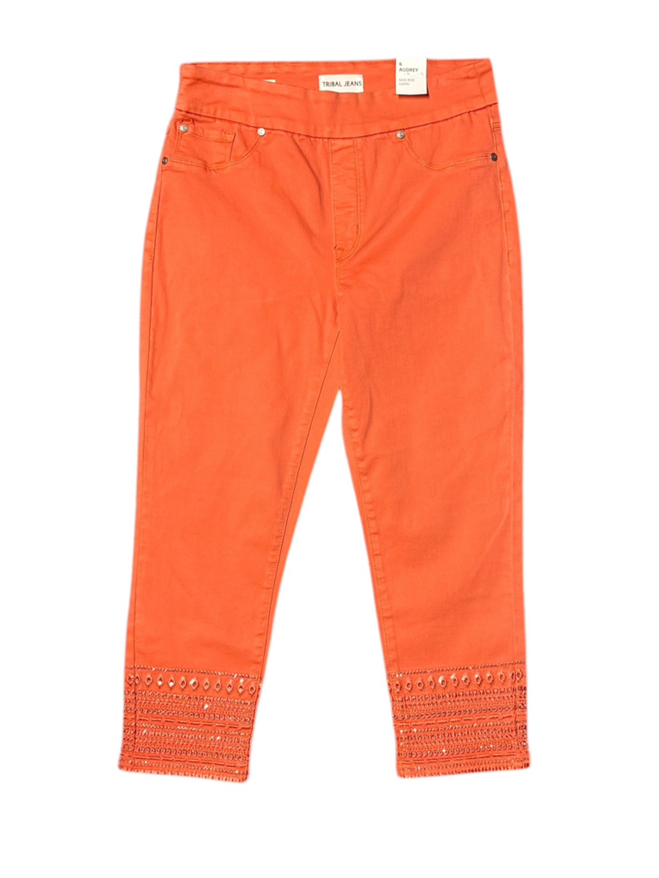 Tribal Jeans Audrey Mid Rise Capri Pants Nectarine Orange Detailed Hem Sz 6 Nwt